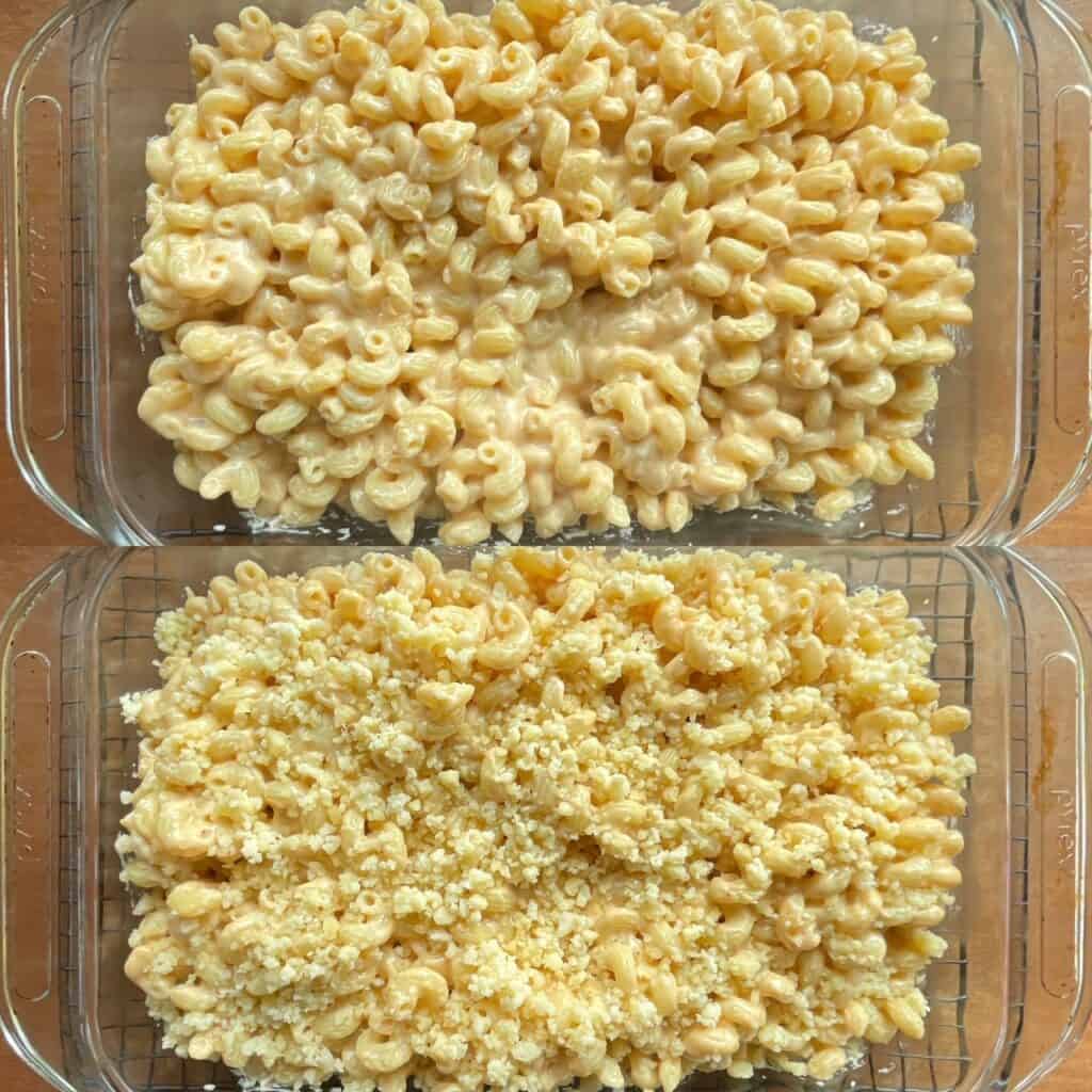 two panels showing unbaked cavatappi mac and cheese before and after adding topping.