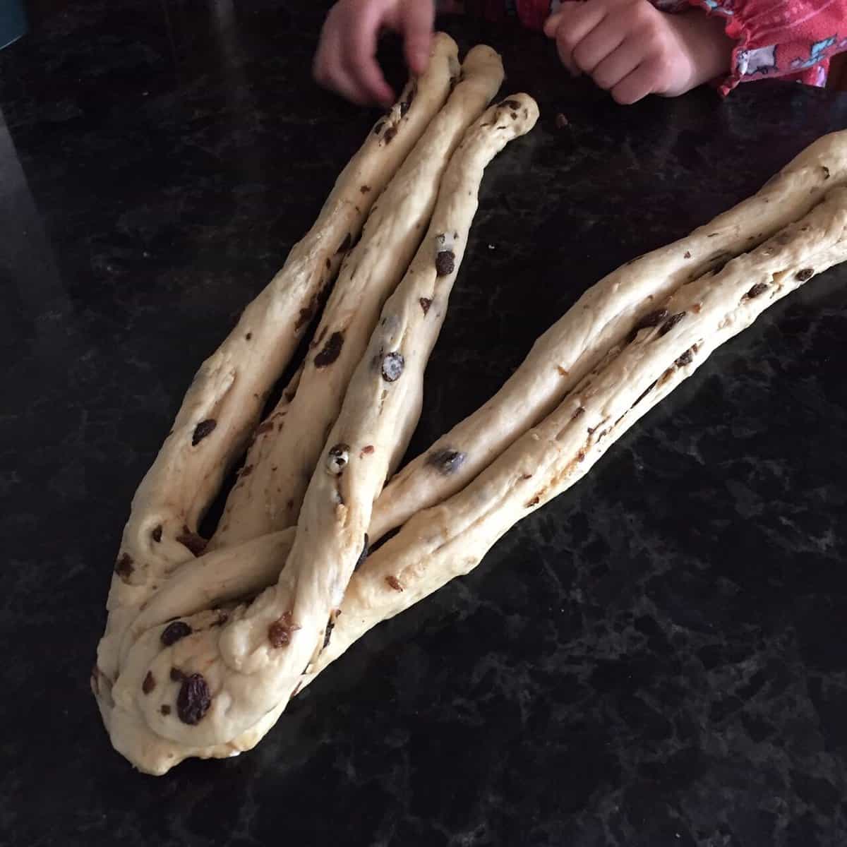 continued braiding of the raisin challah.