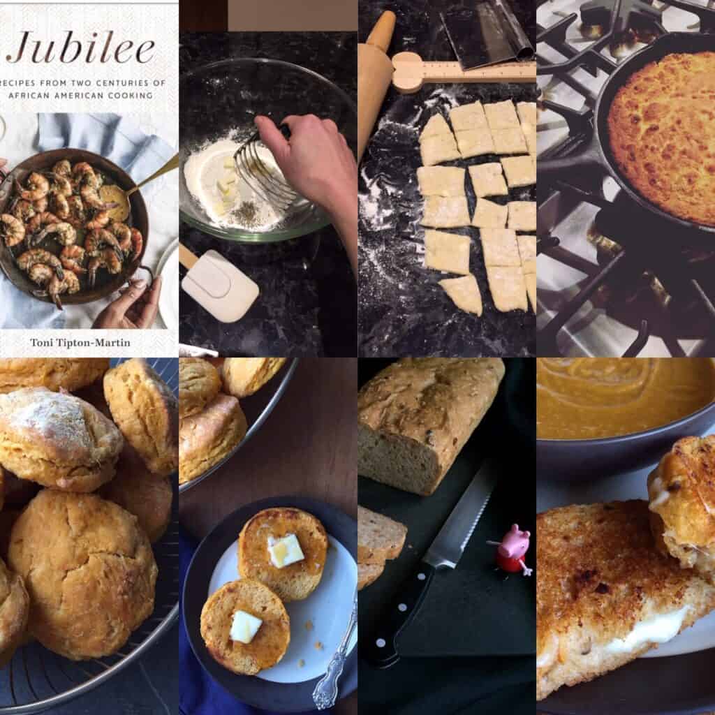 Eight panels showing dishes made from and inspired by the Jubilee cookbook