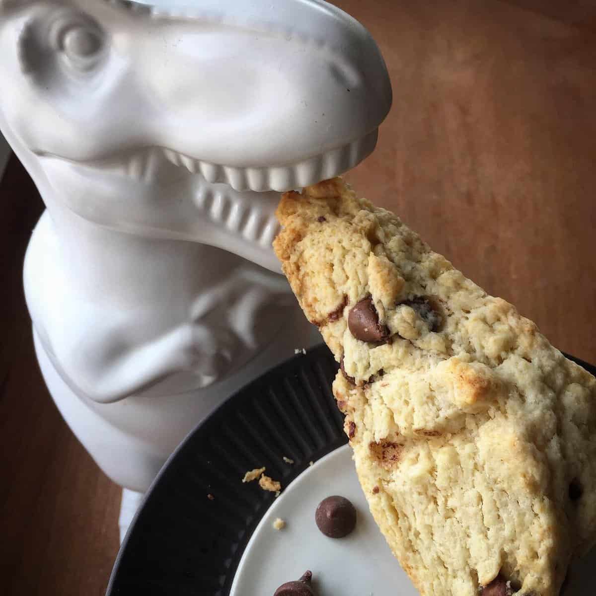 Tyranosaurus rex cookie jar taking a bite out of a chocolate chip scone.