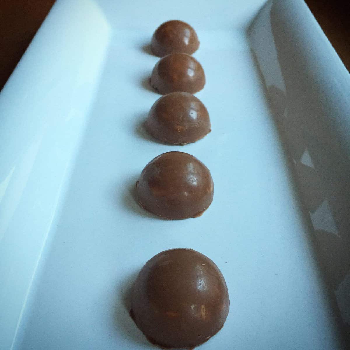 chocolate peanut butter bon bons lined up in a row.