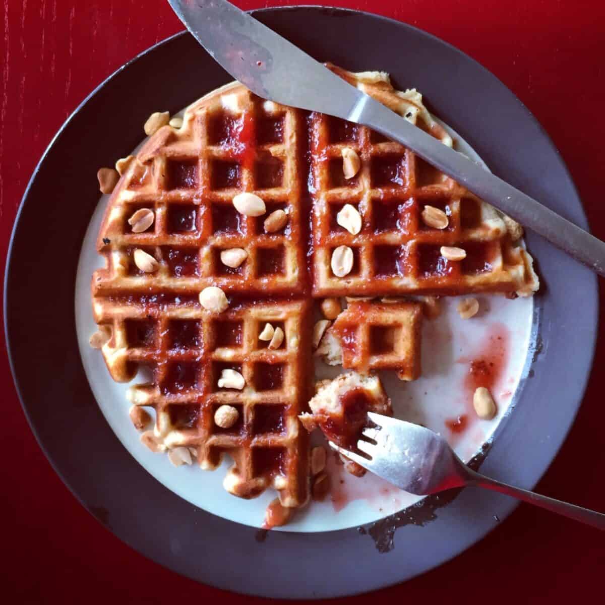 a peanut butter waffle on a plate topped with peanuts and strawberry jam.