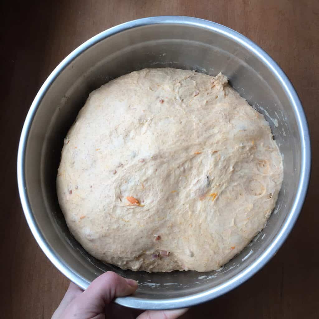 the risen loaf of sweet potato sourdough discard bread.