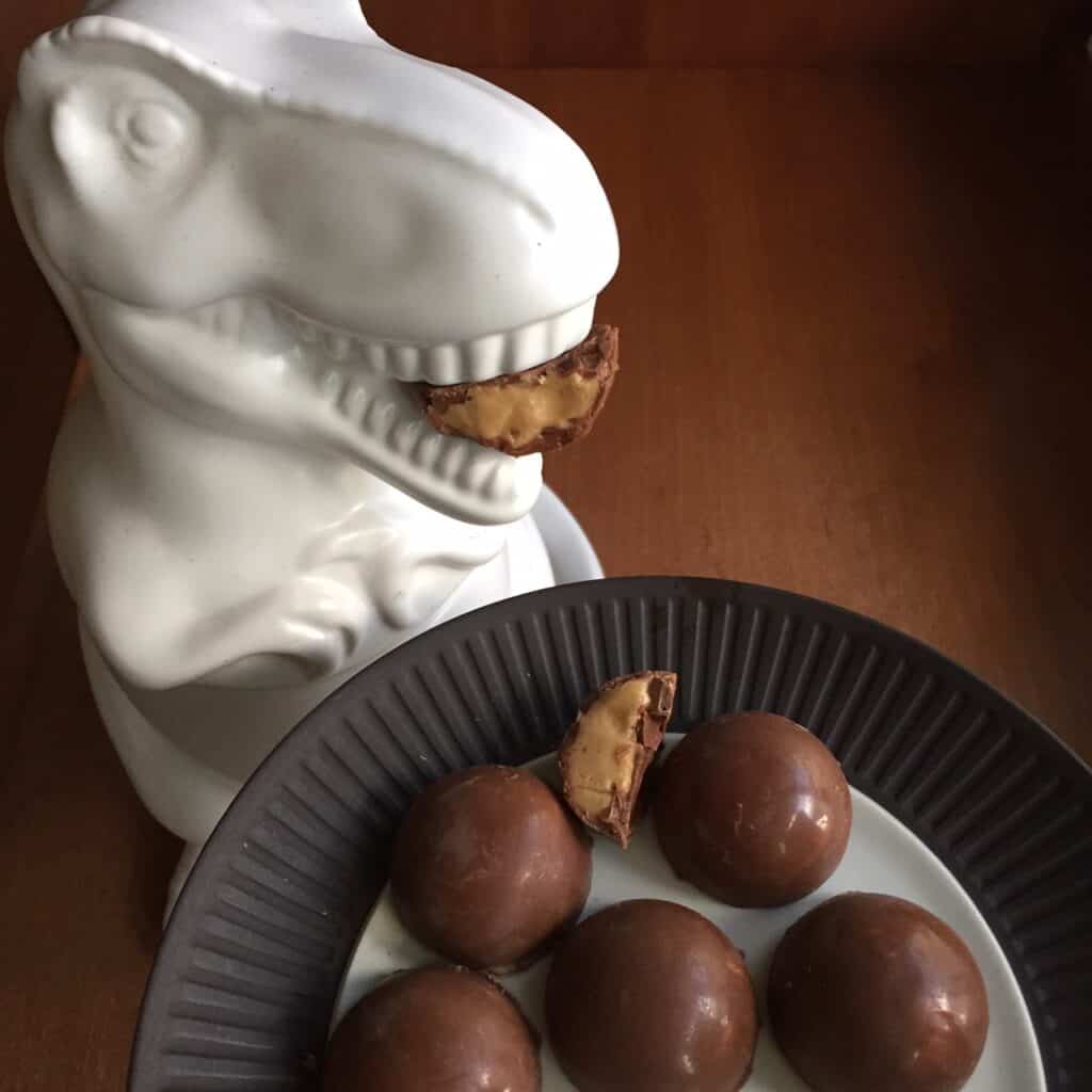 a ceramic tyrannosaurus rex with a piece of chocolate peanut butter bonbon in his mouth over a plate of bonbons
