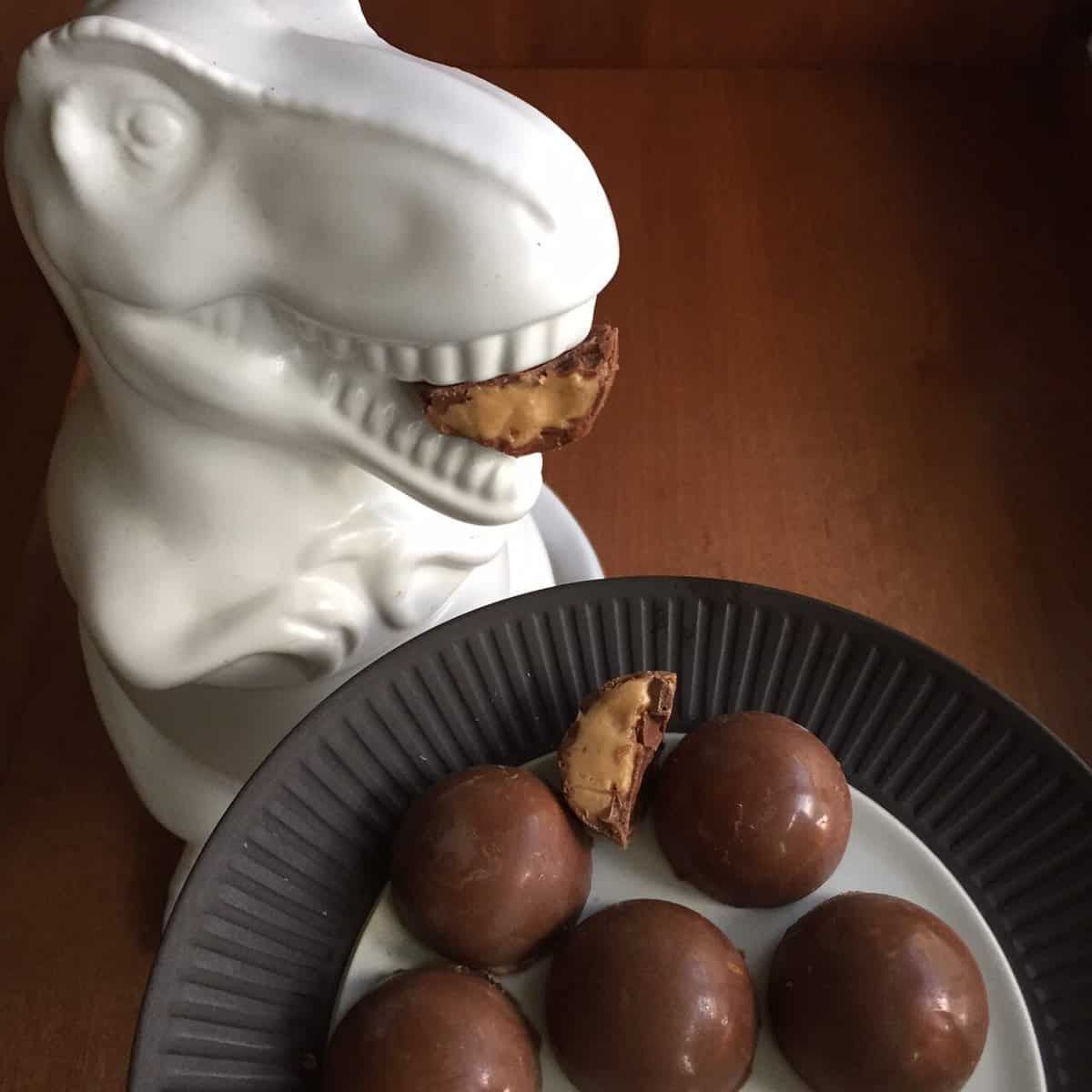 ceramic tyrannosaurus rex with chocolate peanut butter bonbon in his mouth over a plate of bonbons.