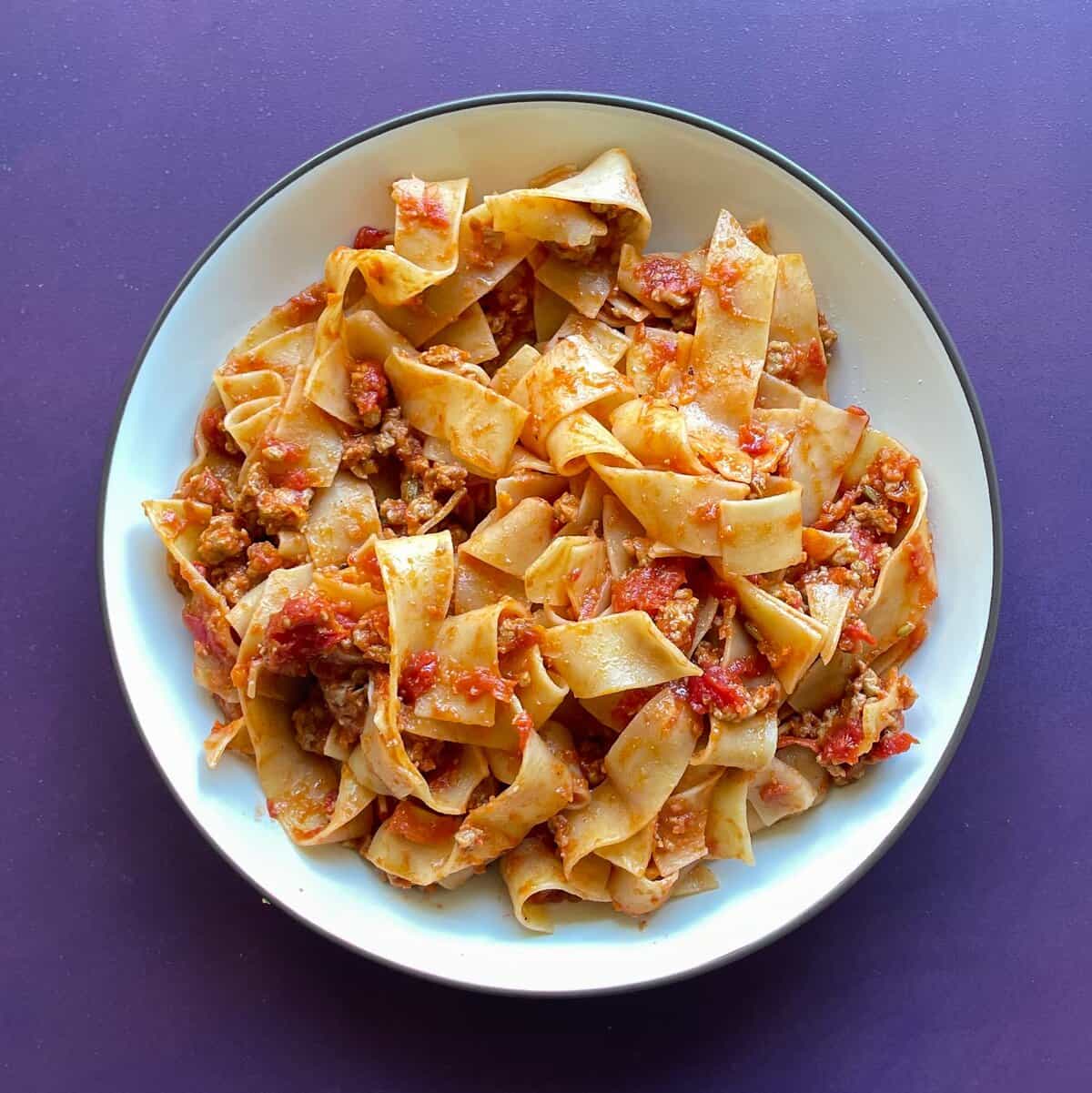 bowl of sausage pasta sauce coating flat wide noodles.