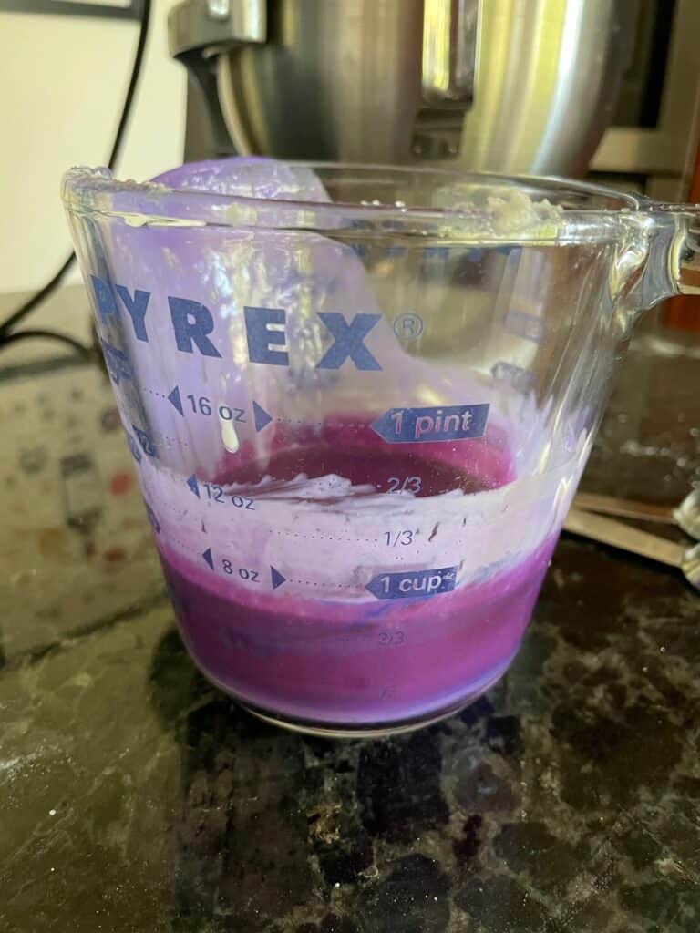 liquid ingredients and purple food coloring.