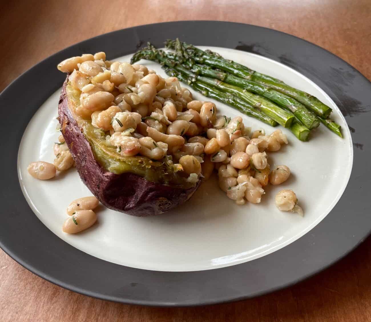 Baked Purple Sweet Potatoes with Cheesy White Beans