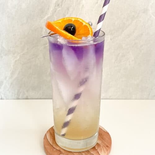 a highball glass filled with elderflower liqueur and empress gin with a straw, orange, and cherry.