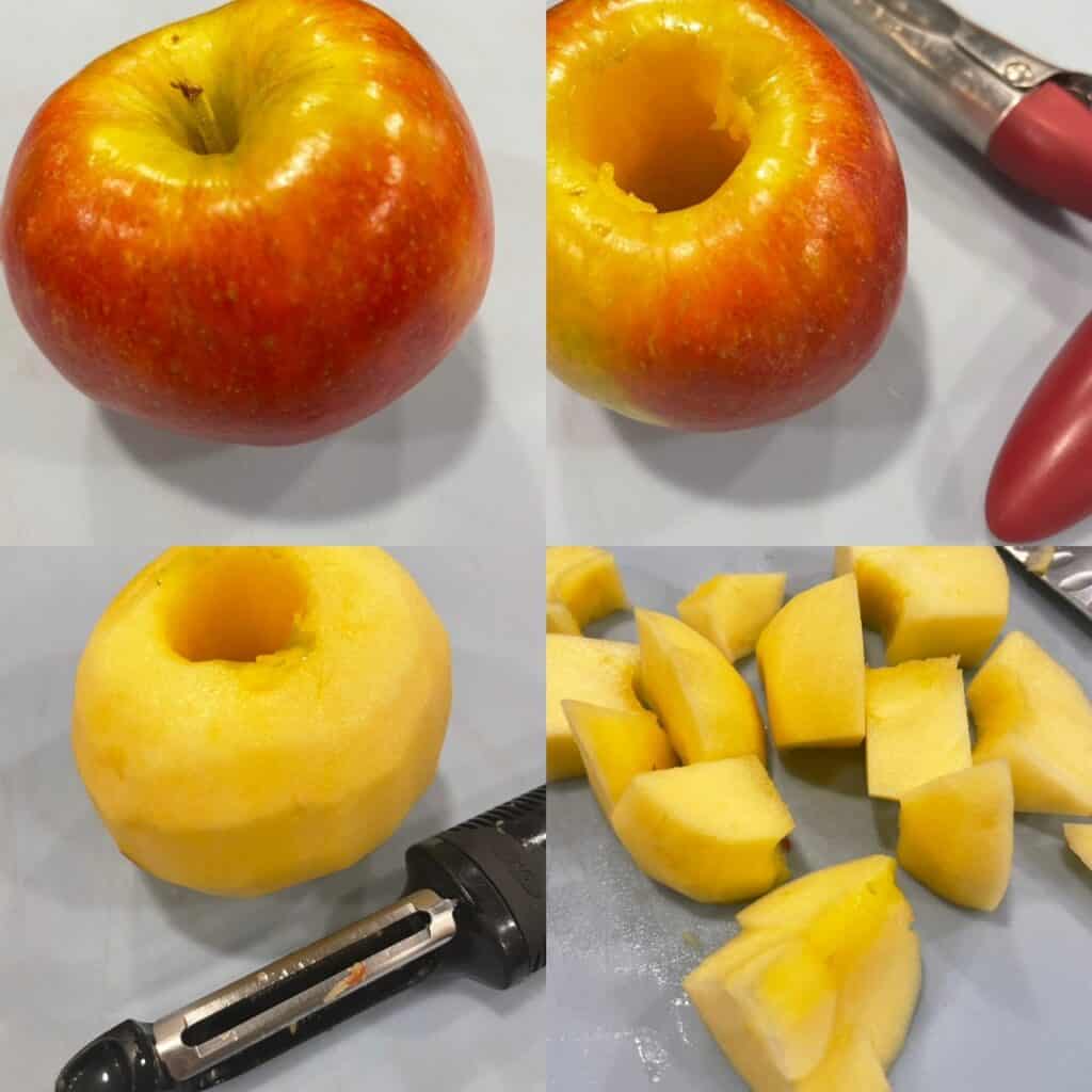 a collage of four pictures showing the whole apple, cored apple, cored and peeled apple, and apple chunks