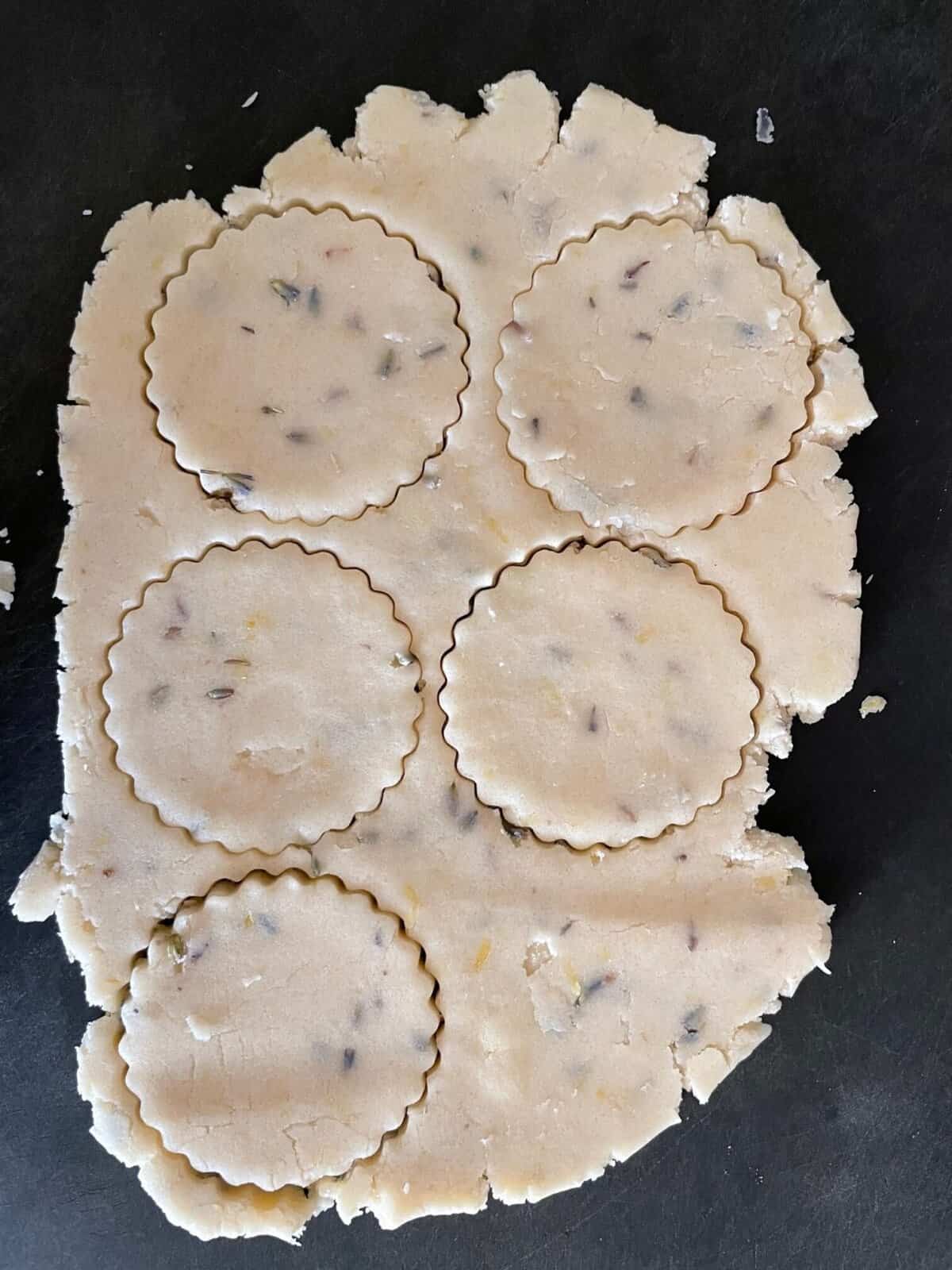 lemon lavender cookie dough rolled and cut into fluted circles.
