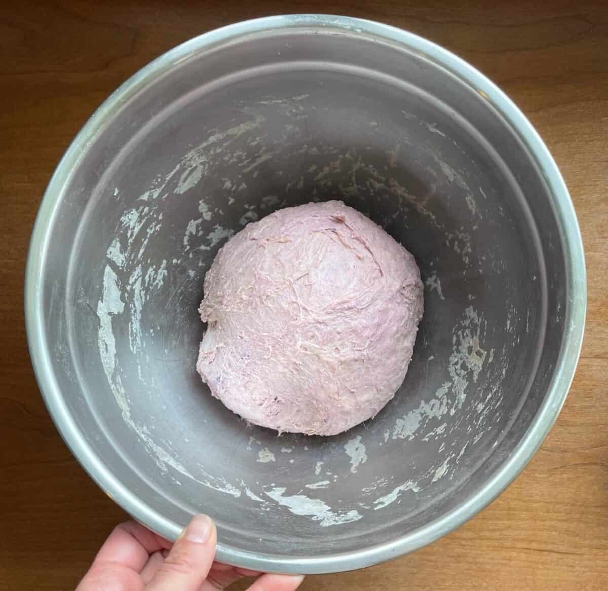 boule of purple sweet potato sourdough bread dough.