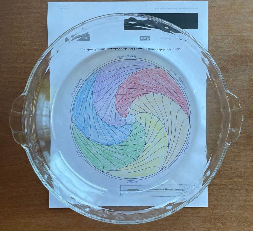a glass pie pan set atop a pencil drawing of a rainbow spiral.