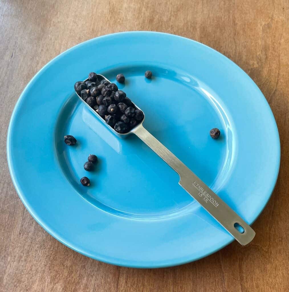 a tablespoon of juniper berries and extra berries on a blue plate.