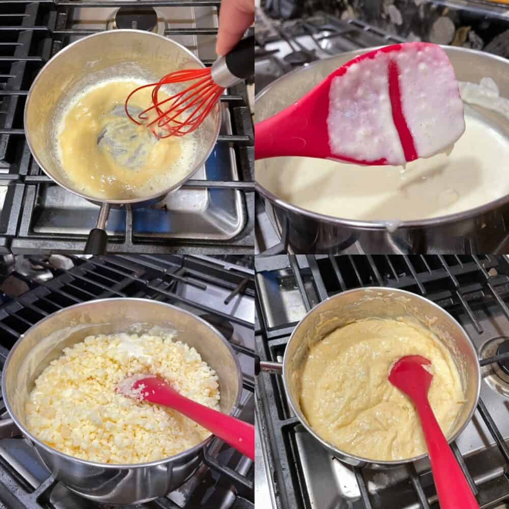 four panels showing steps for cheese sauce starting with a roux, adding the milk, then the cheese, and then finally the stirred cheese sauce in a pot with red spatula.