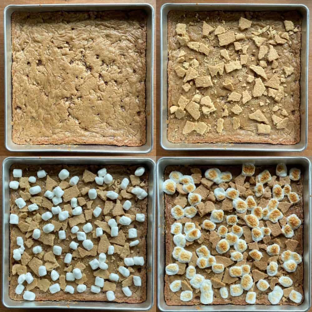 four panels showing the steps adding the topping, from the baked chocolate chip cookie bars, to the graham crackers, marshmallows, and browned marshmallows.