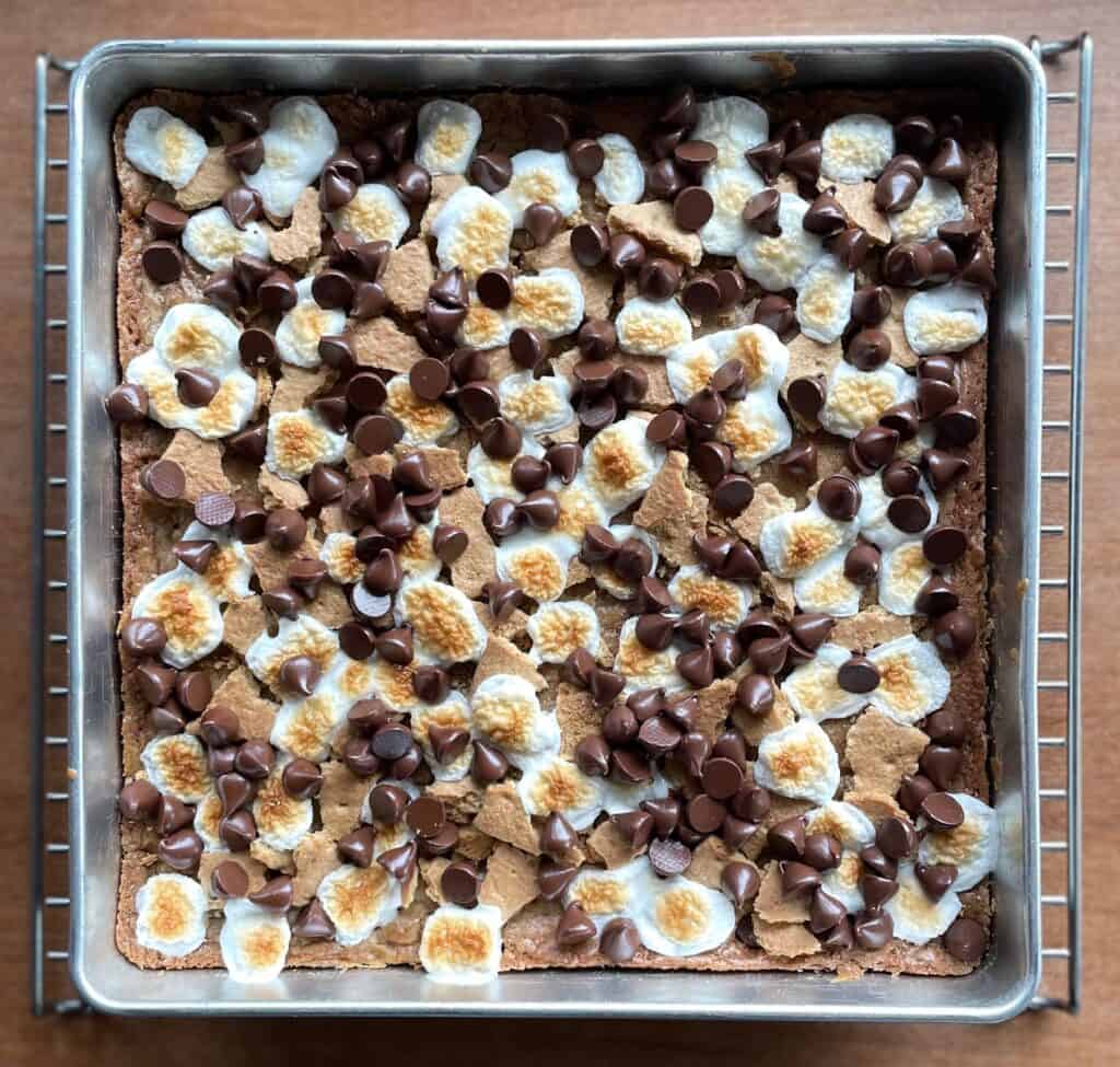 a pan full of chocolate chip marshmallow cookie bars