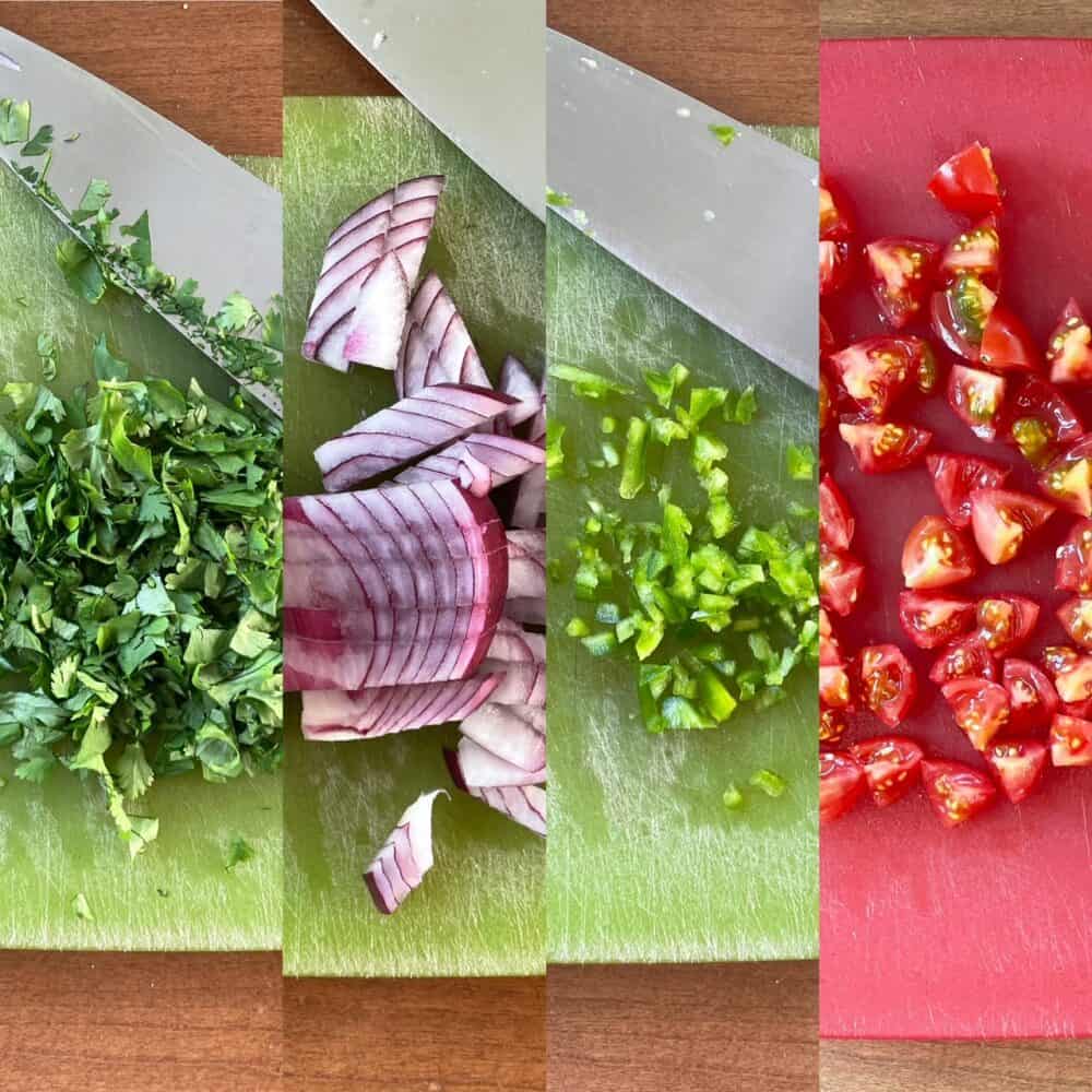 four panels showing chopped cilantro, red onion, jalapneo, and cherry tomatoes. 
