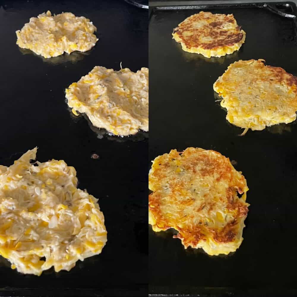 two panels showing three patty pan squash patties fried on a griddle.