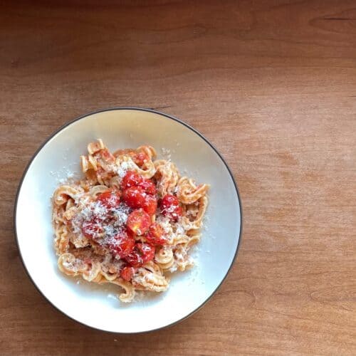 a bowl of pink sauce pasta topped with sauteed tomatoes and Parmesan.