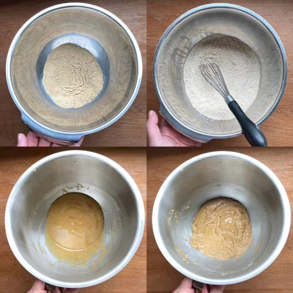 Four panels showing pulverized graham crackers, dry ingredients, sugar and butter and eggs, and the final batter.