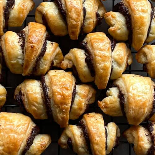 closeup of many chocolate rugelach.