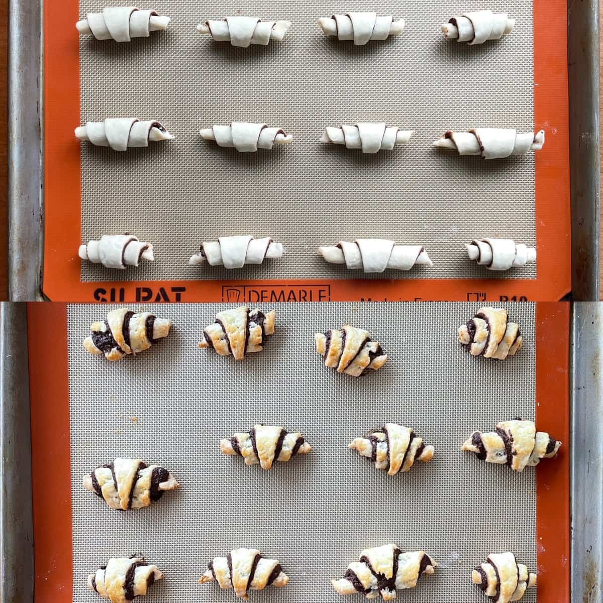 two panels showing the unbaked and baked chocolate rugelach on baking sheets.