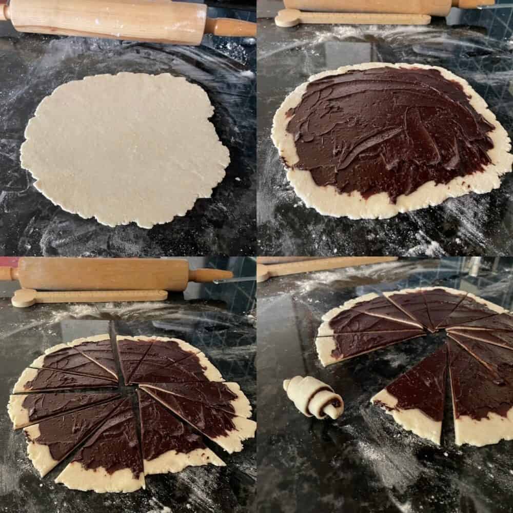 four panels showing rolled out dough, layering with chocolate, cutting and rolling segments.