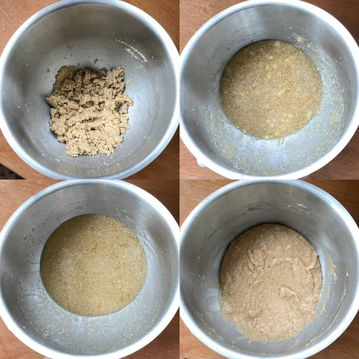 four panels showing the steps to making the mini banana muffins.