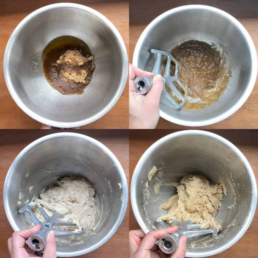 four panels showing the steps of making the Nutella blondie batter.