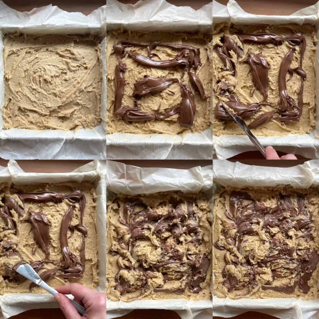 six panels showing the steps for how to swirl the blondie batter