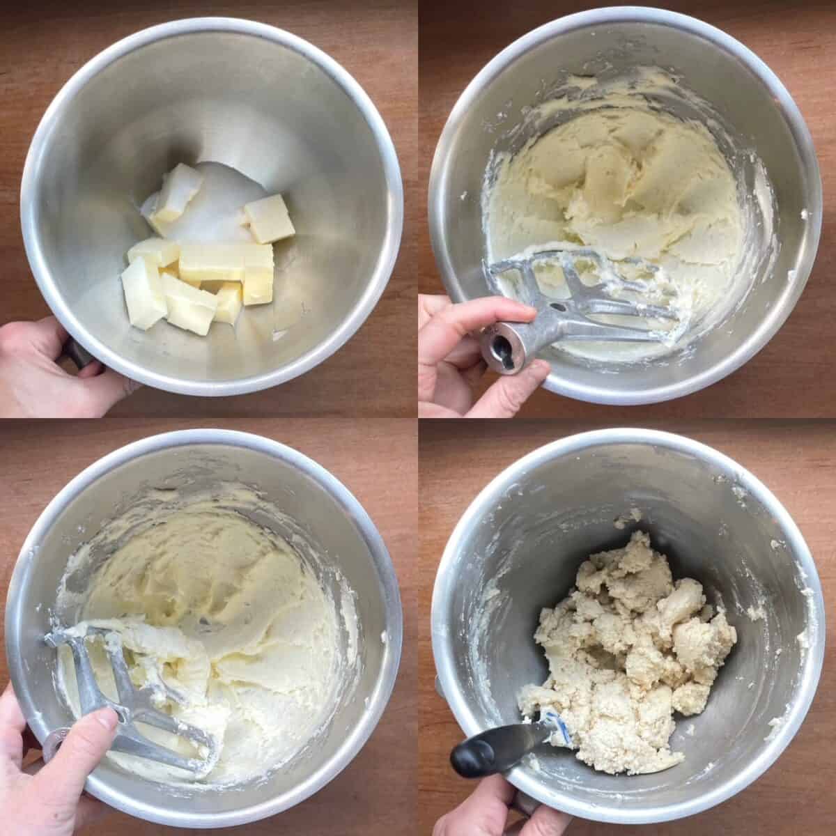 four panels showing steps in making dough for the almond flour shortbread cookies.