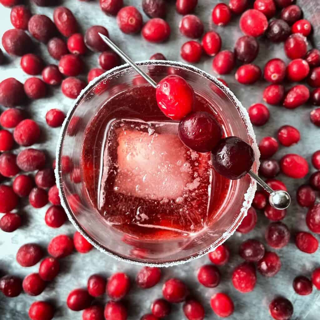 a cranberry negroni in a lowball glass garnished with and surrounded by fresh cranberries.