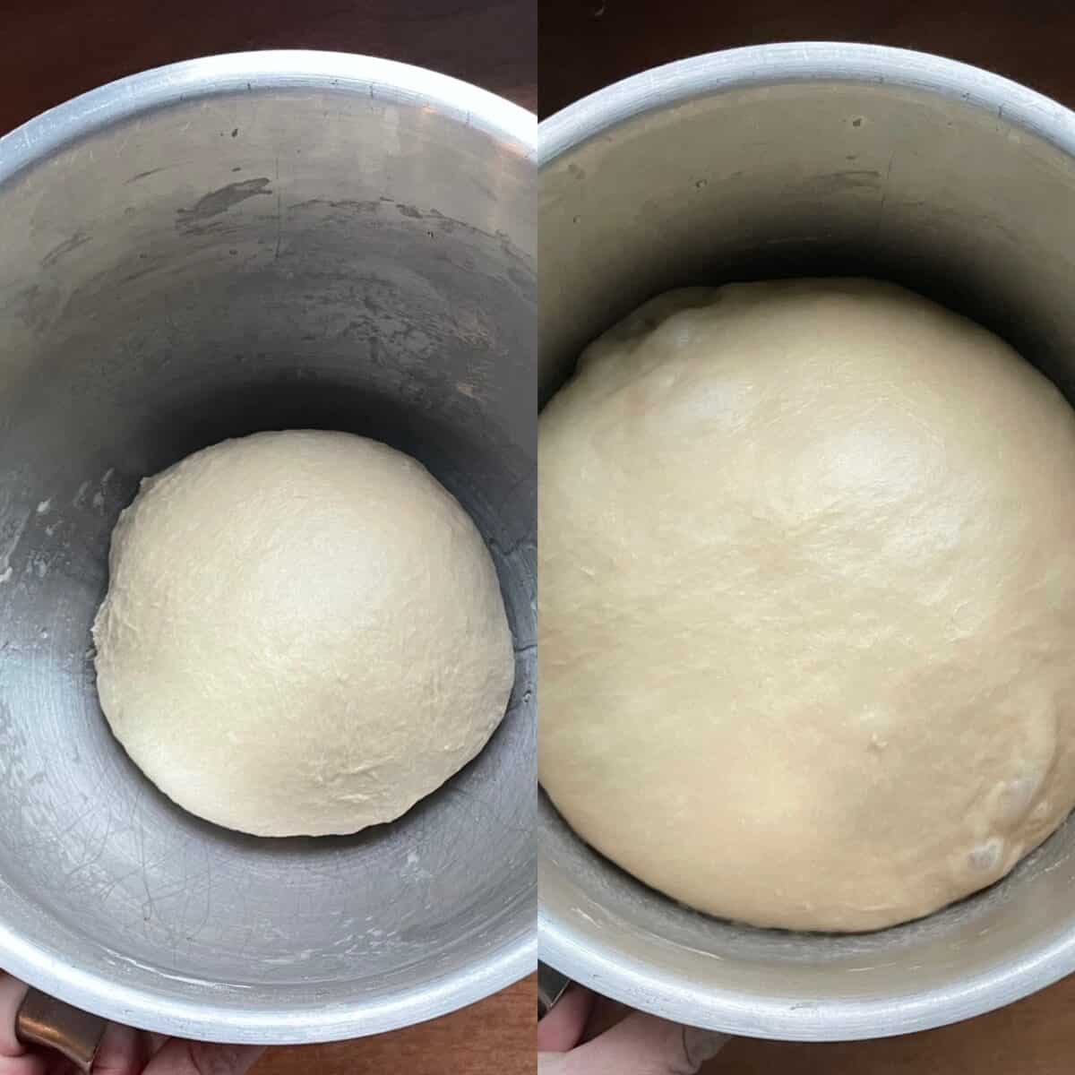 two panels showing the pretzel bread first rise in the mixing bowl.