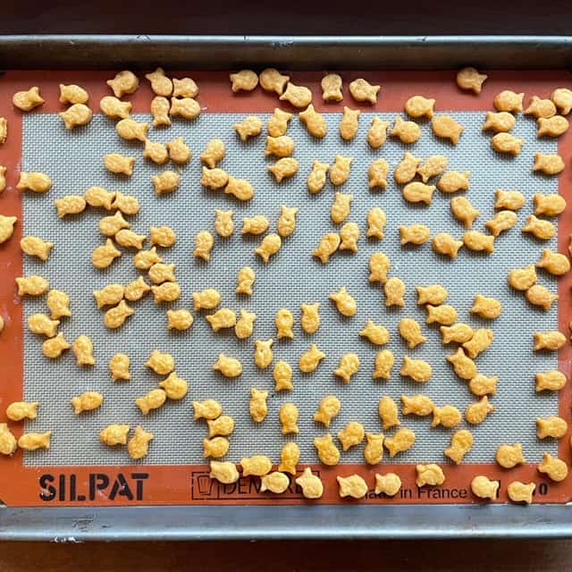 a baking sheet filled with fish shaped cheese crackers from one of the baking kits for kids