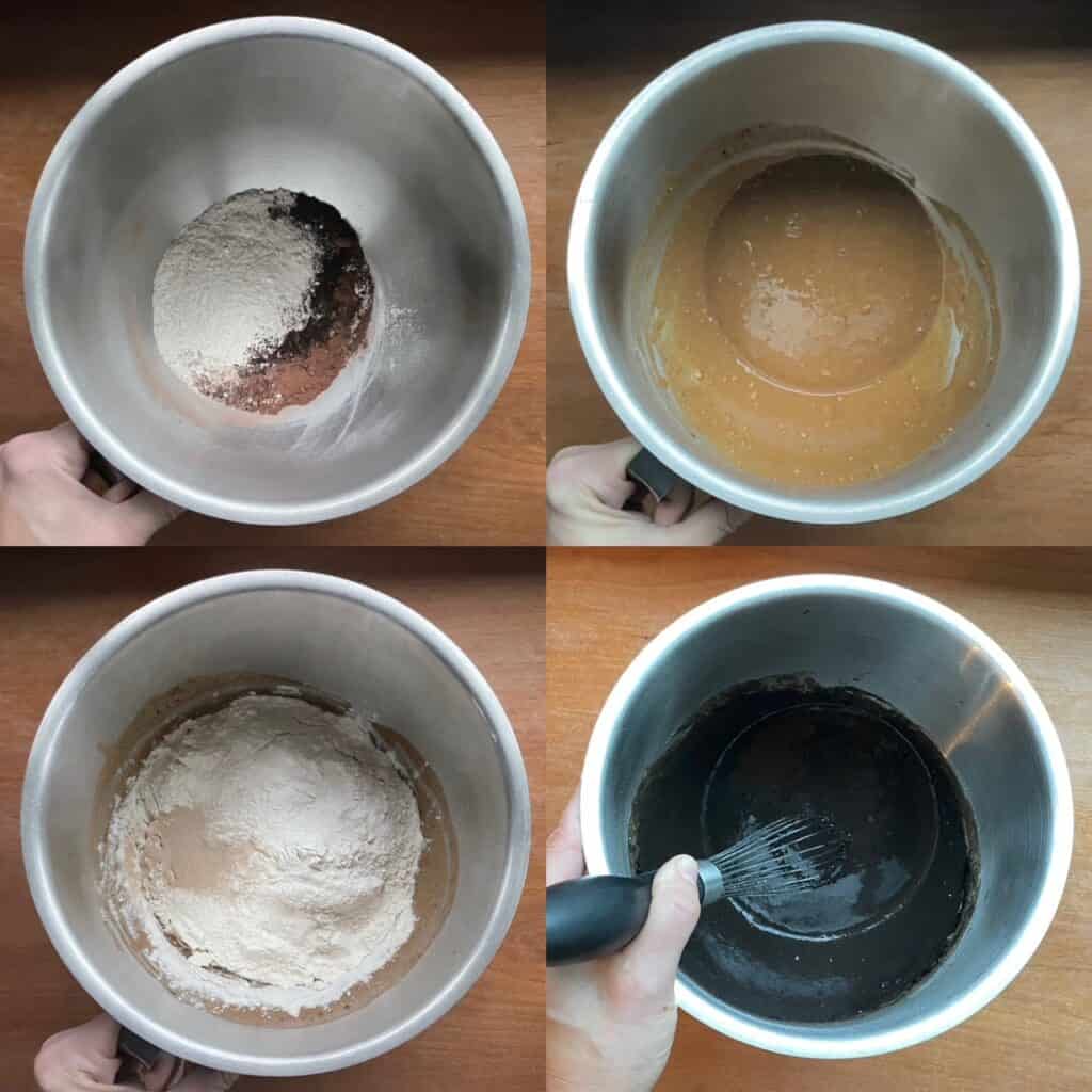 four panels showing three steps to make the bread and a black cocoa comparison.