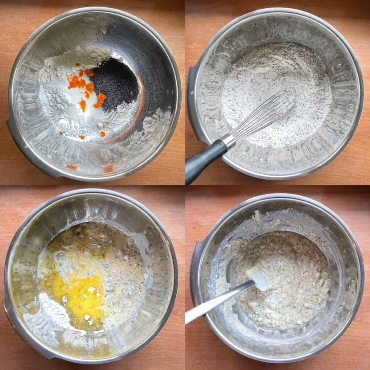 Four panels showing steps making orange and poppy seed muffins using the muffin method.