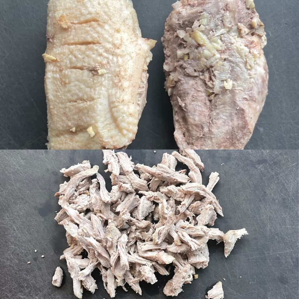 two panels showing two cooked duck breasts and the pulled duck.