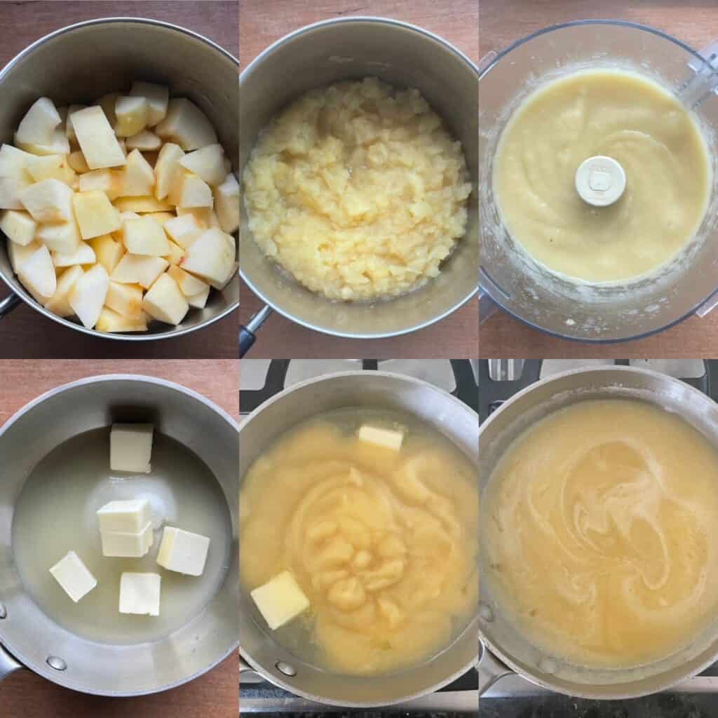 six panels showing how apples are added in the apple curd recipe.