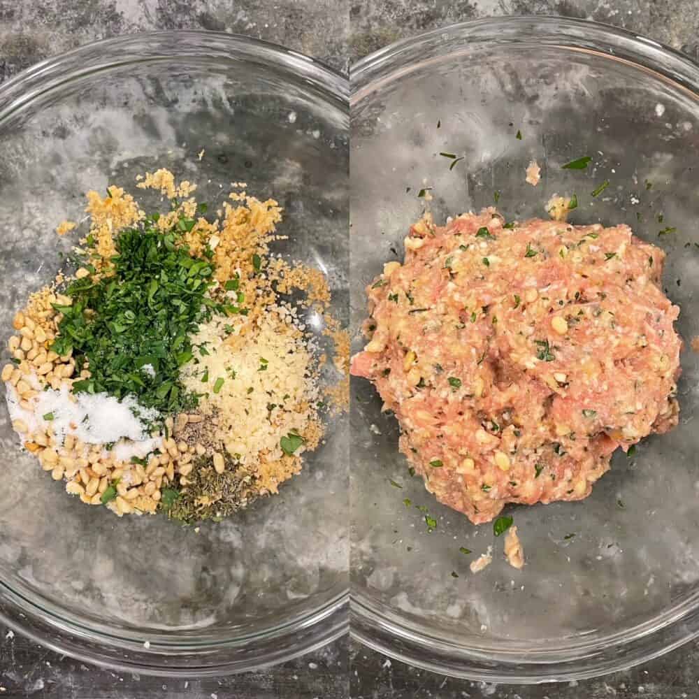 two panels showing the ingredients for chicken muffins and the chicken mixture.