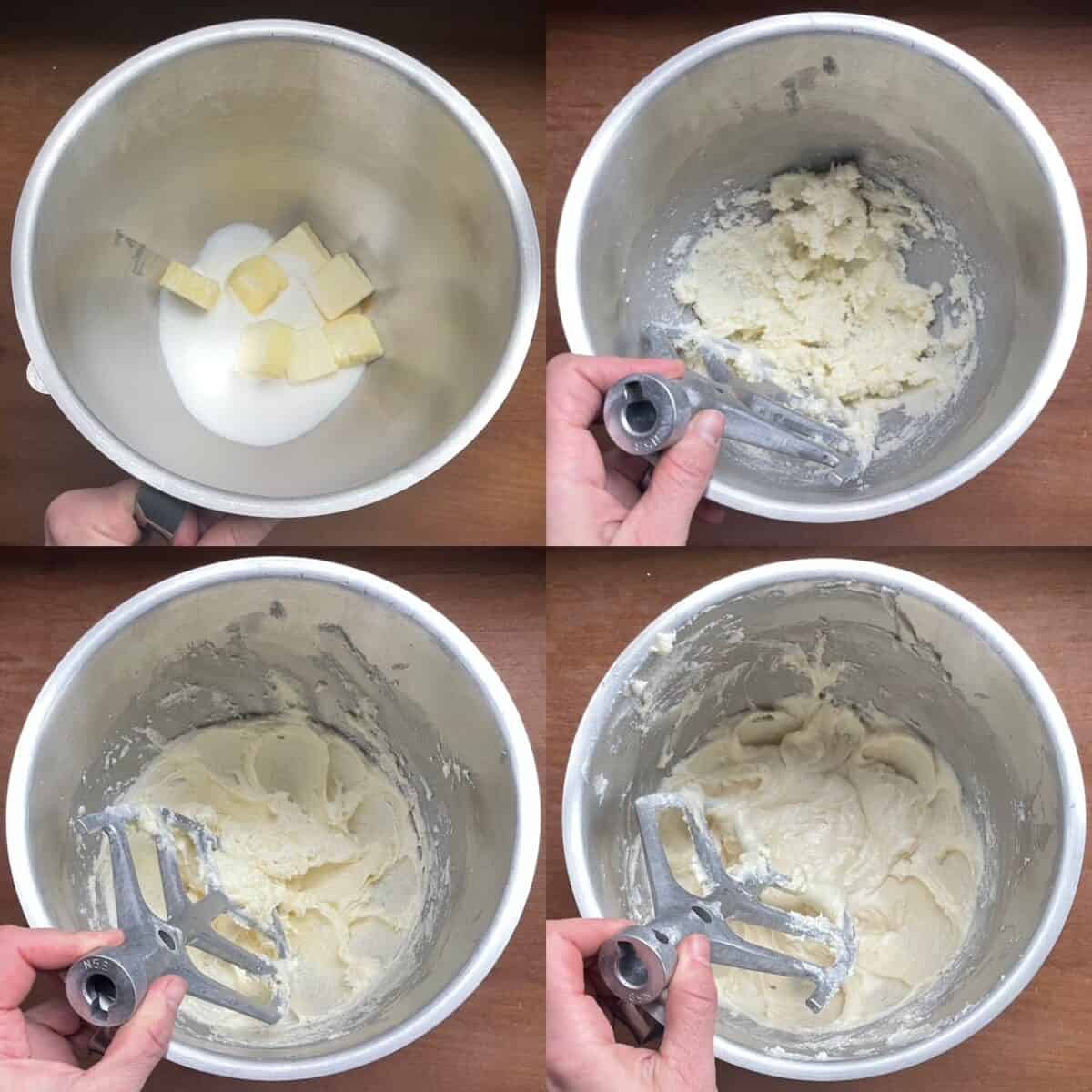 four panels showing creaming butter and next steps in making cake batter.