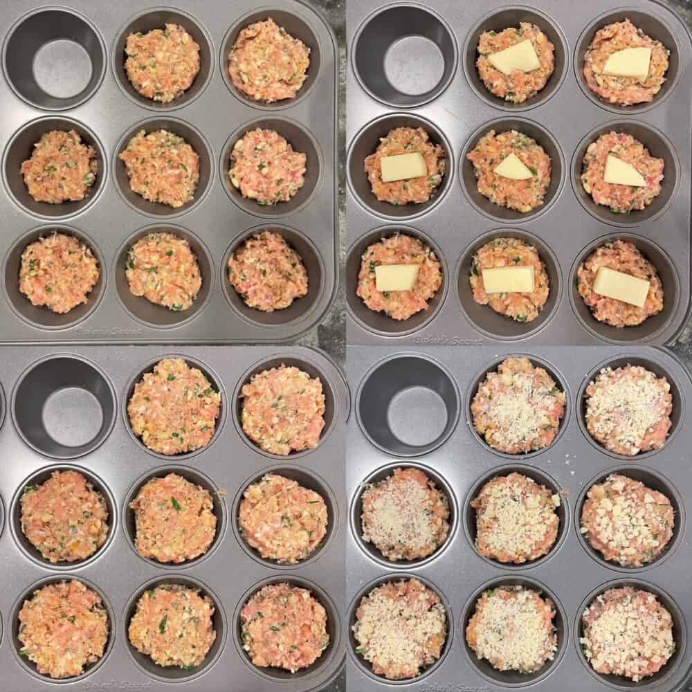 four panels showing the making of the Parmesan-crusted chicken muffins.
