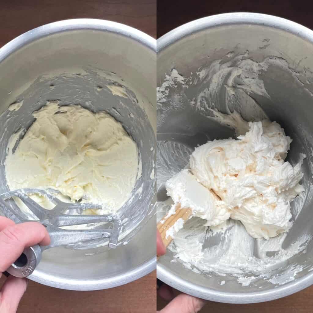 two panels showing the creamed butter and the final rose buttercream.