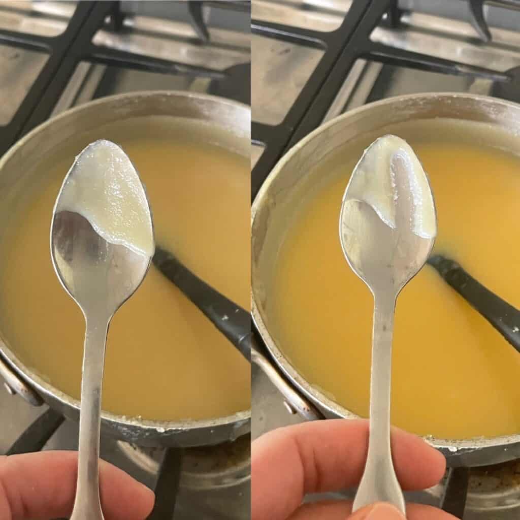 two panels showing the lemon apple curd coating a spoon.