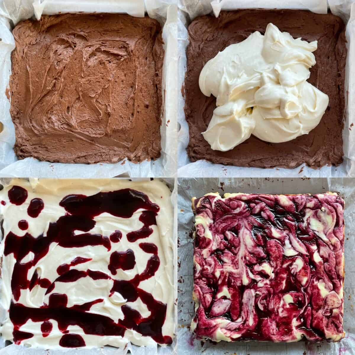 four panels showing steps in making blackberry swirl cheesecake brownies.