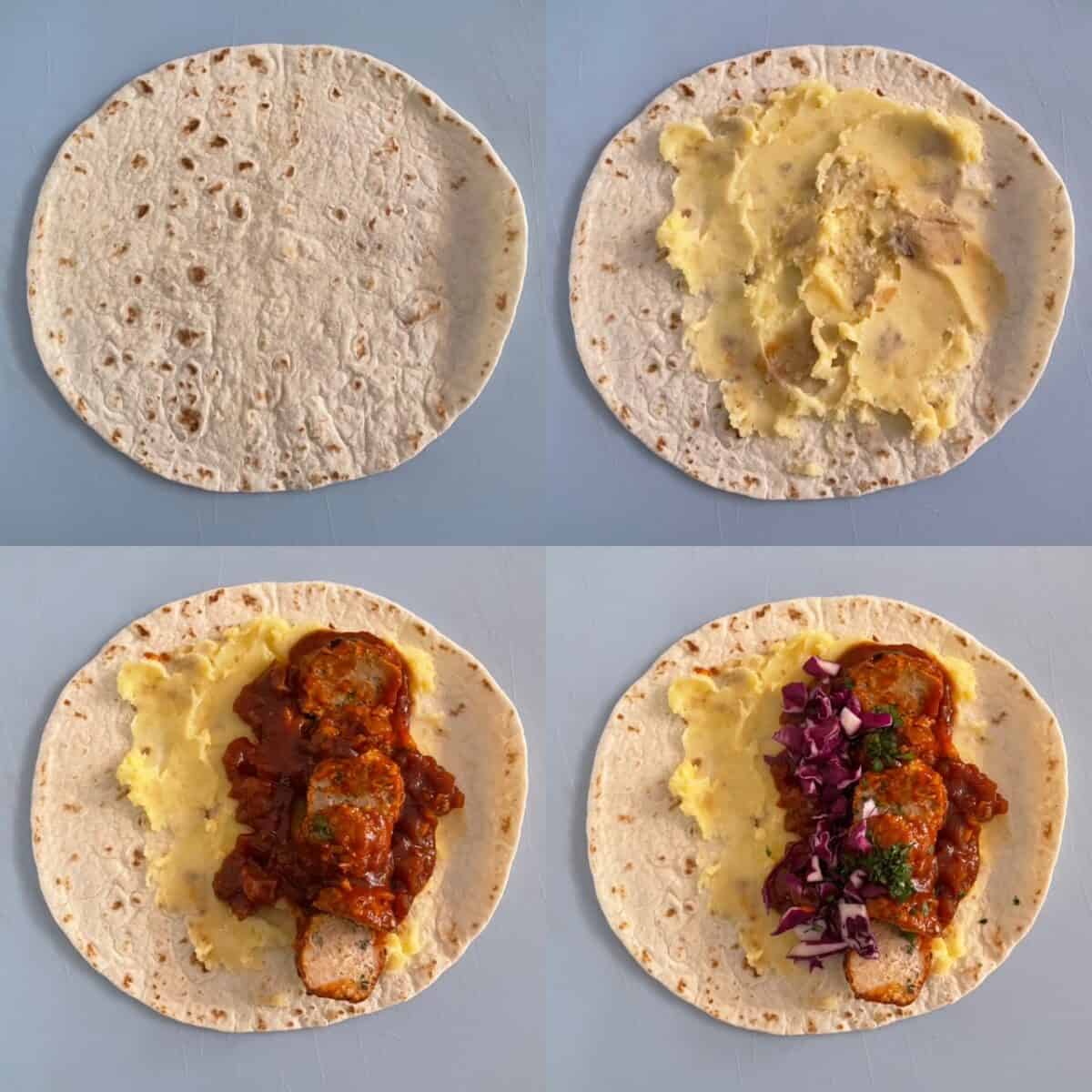four panels showing ingredient added to the meatball wrap before wrapping.