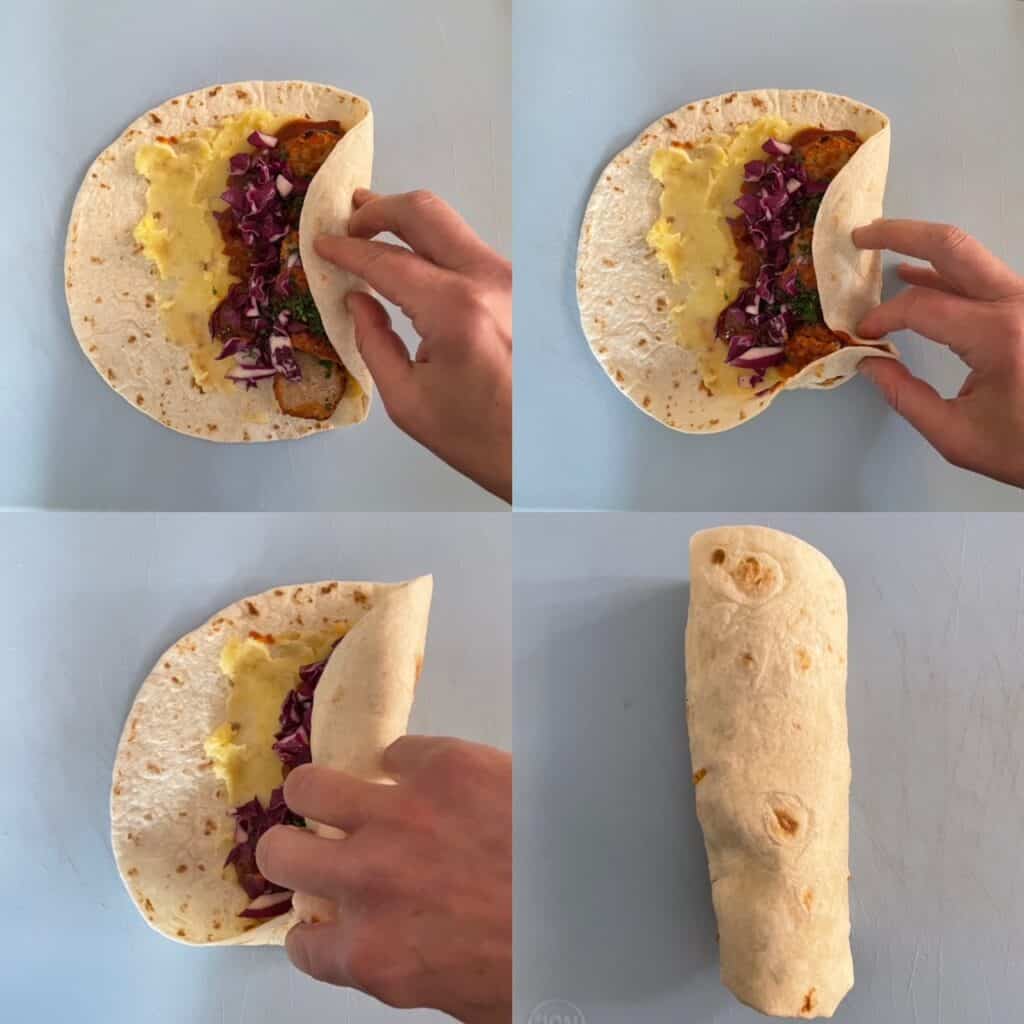 four panels showing how to roll the meatball wrap.
