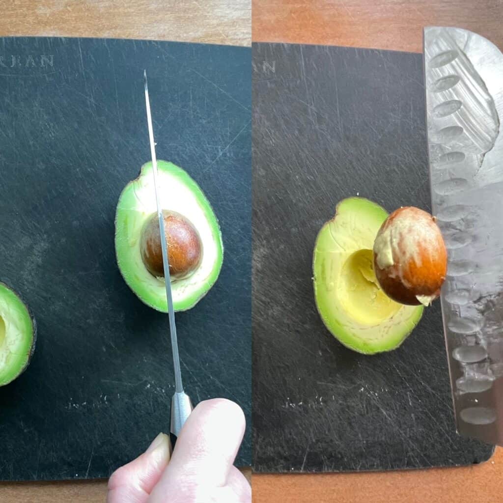 removing the pit of the avocado with a knife.