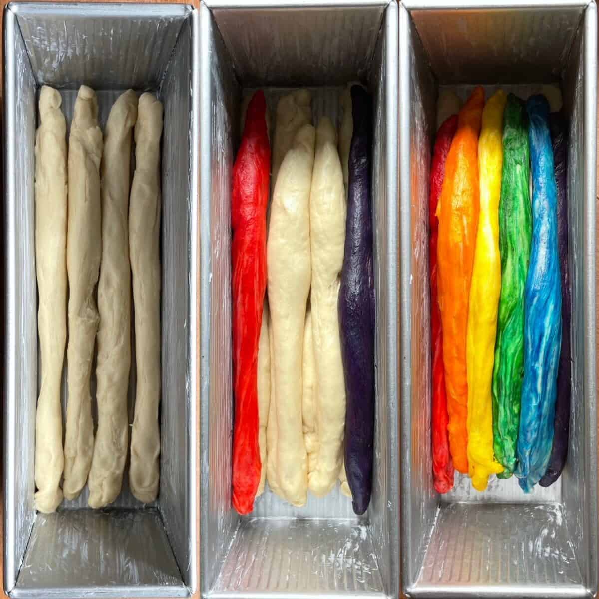three panels showing how the rainbow bread dough is placed in the pan.
