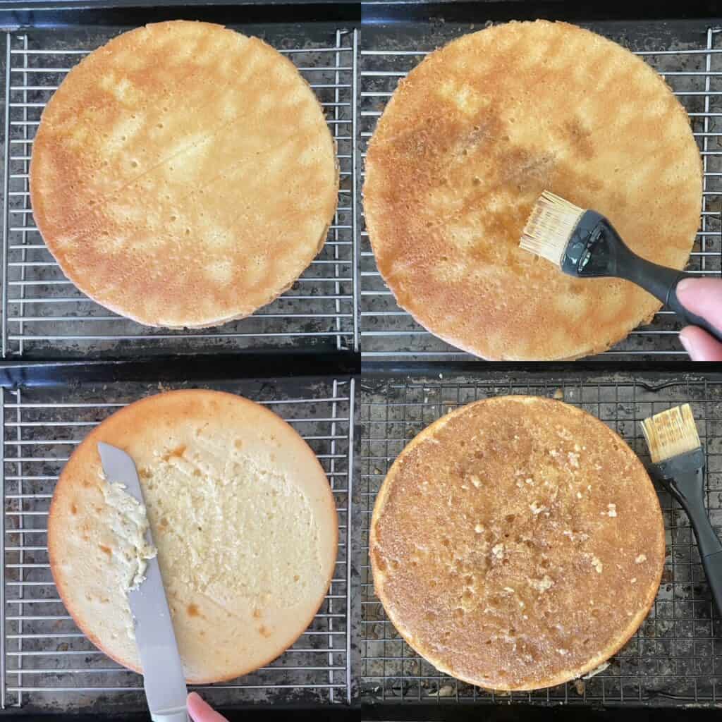 four panels showing the soaking and leveling of a cake layer.